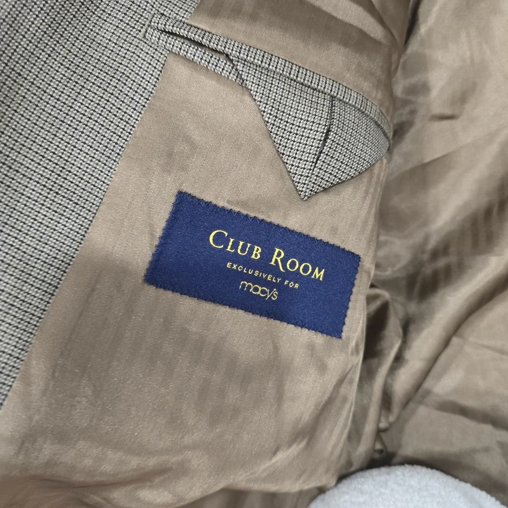 Club Room Sport Coat Men's 44L Olive Black Micro-Check 100% Pure Wool 2-Button
